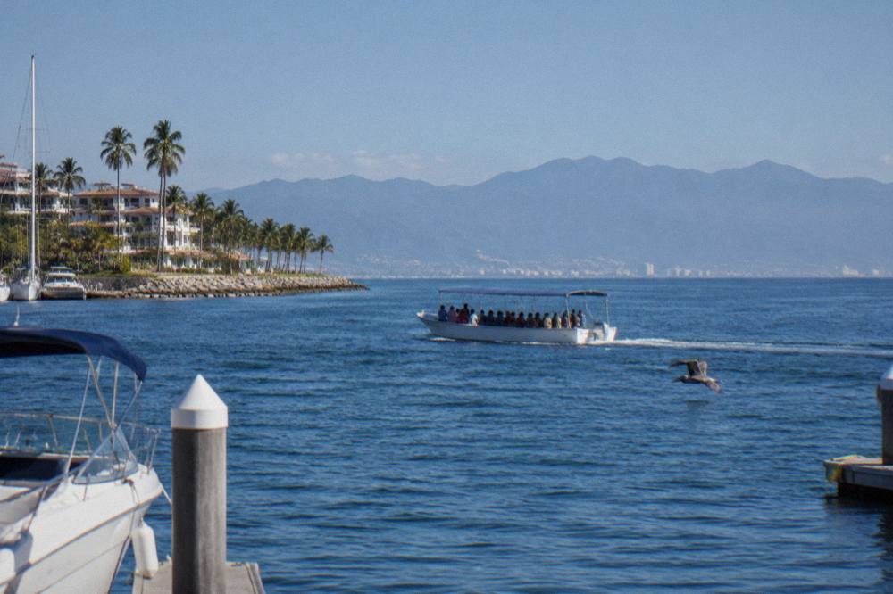 A whale-watching boat moving across open blue water in Banderas Bay with distant mountains