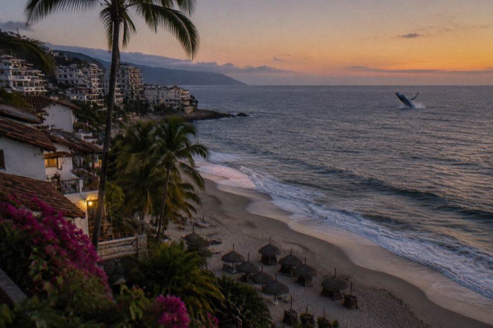 A humpback whale breaching offshore with breaking waves on an empty beach in the foreground