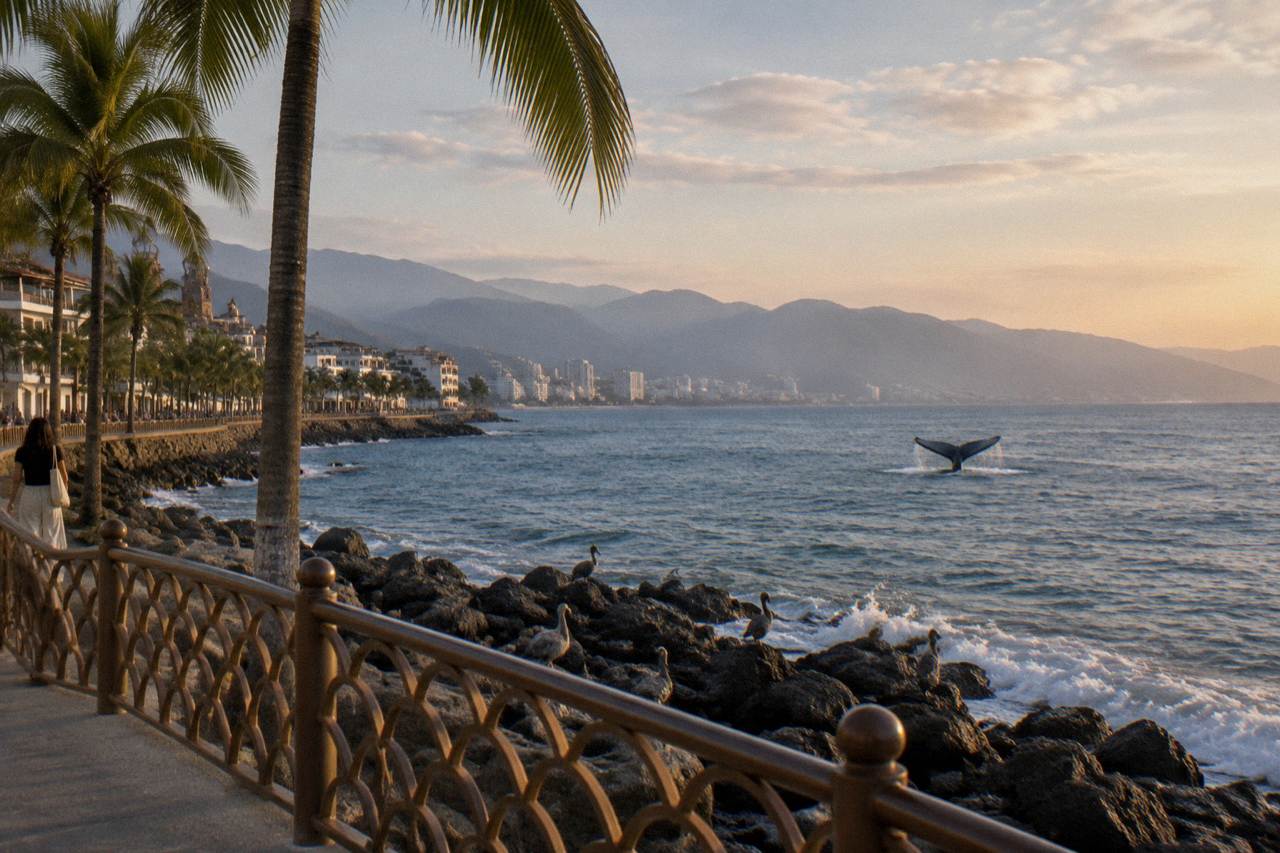 A humpback whale raising its tail fluke above calm Pacific water near forested coastal hills