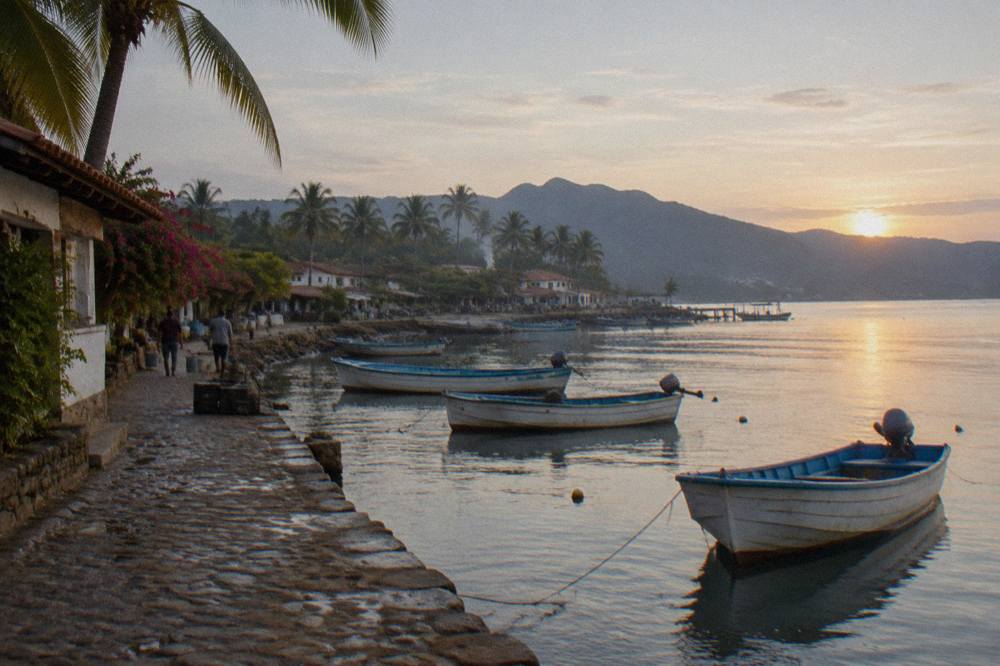 A calm anchorage with fishing boats moored in still water at dawn