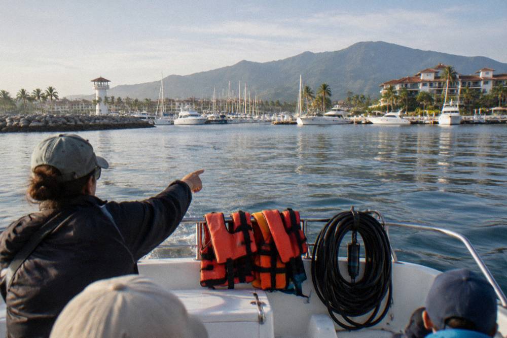 A marine biologist pointing toward open water while explaining to passengers on a boat deck