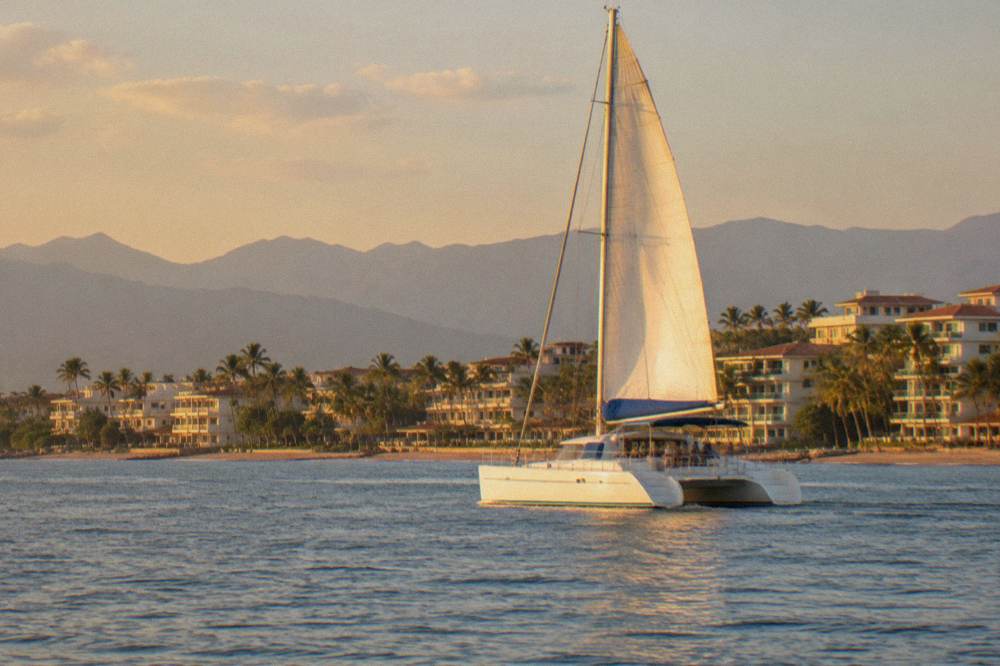 A wide catamaran under sail on flat bay water with green coastline behind