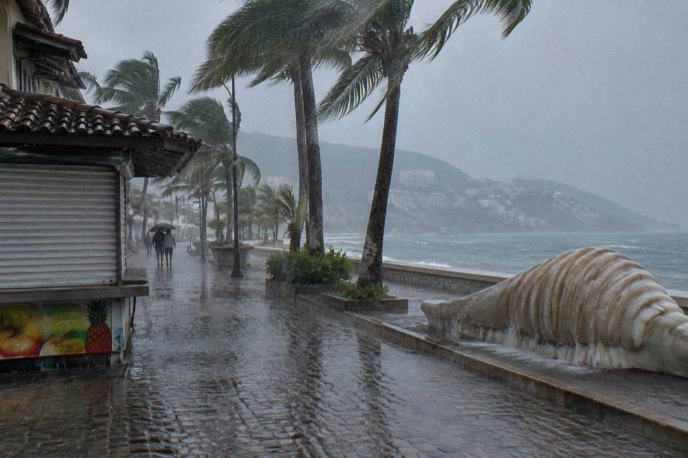 Heavy tropical rain falling on a coastal street with palm trees bending