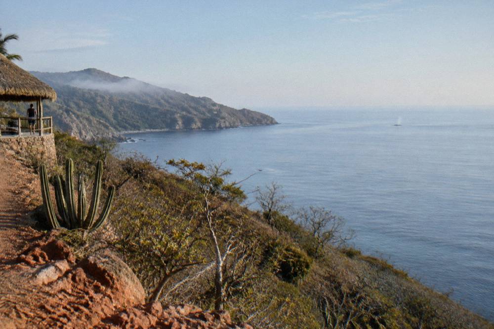 Calm dry-season morning over Banderas Bay with distant humpback spout on the horizon