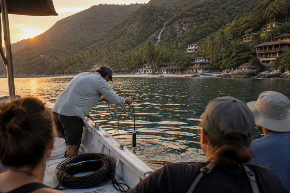 A biologist holding a hydrophone cable over the side of a boat while passengers listen