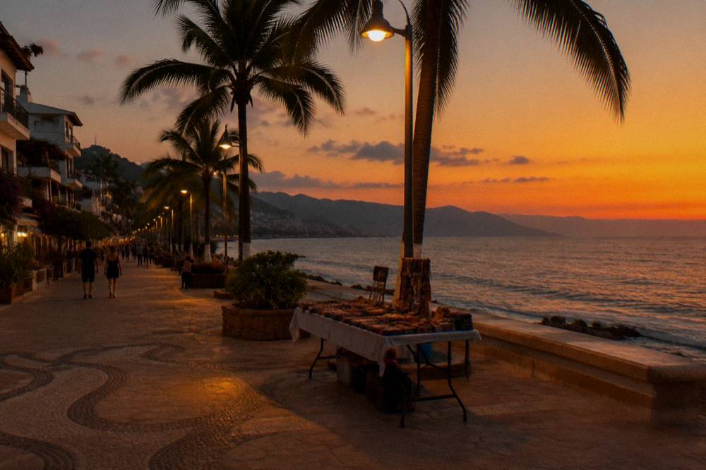 A wide boardwalk along a waterfront with palm trees and buildings in the distance under an evening sky