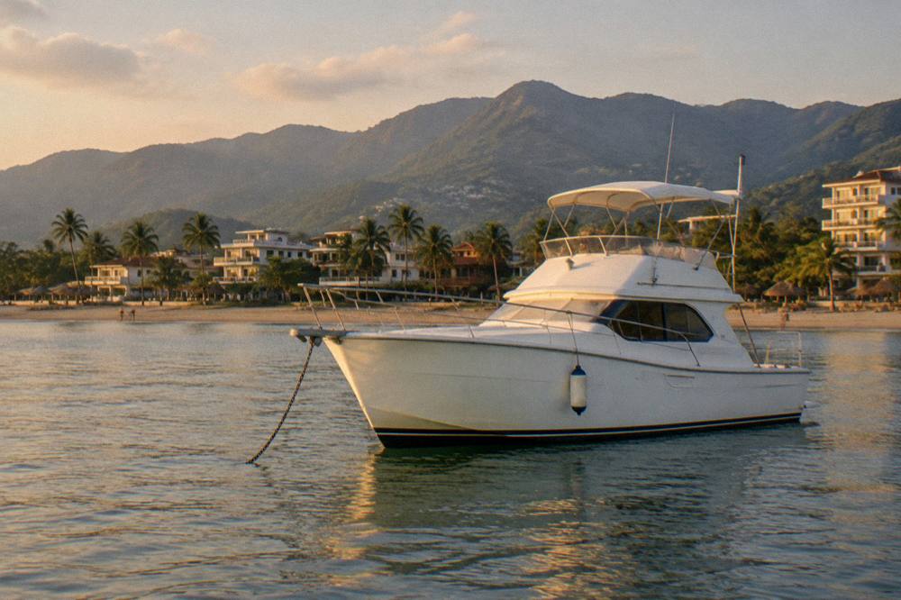 A yacht anchored in calm bay water with hills rising behind it in late afternoon light