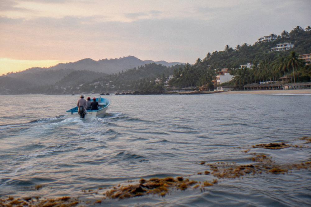 A whale watching boat crossing open water toward hazy coastal mountains at dawn