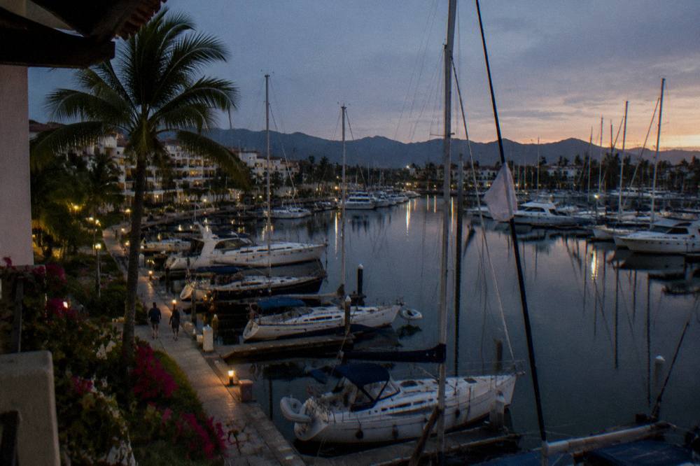 Masts and boat slips in a marina basin with calm water at dawn