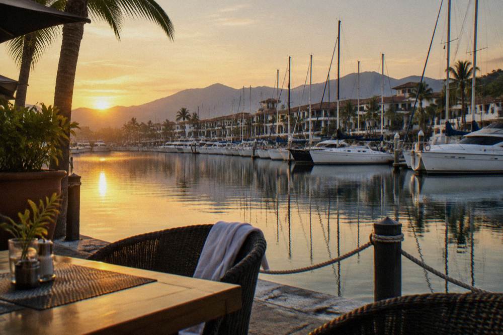 Yachts and boats moored at a marina in Puerto Vallarta in morning light