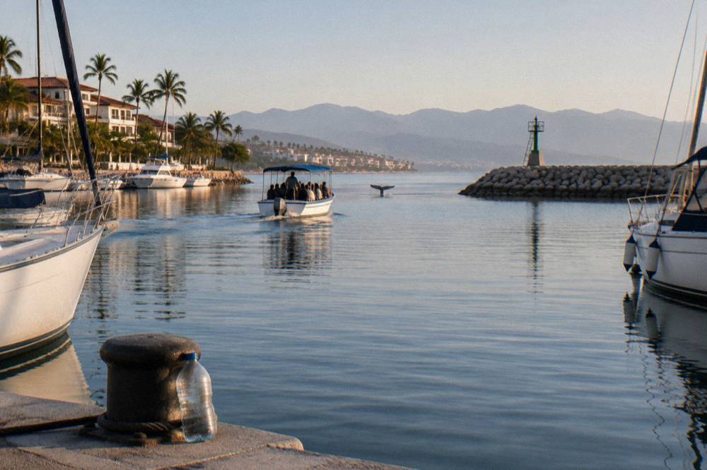 A whale watching boat crossing flat water near the mouth of Banderas Bay