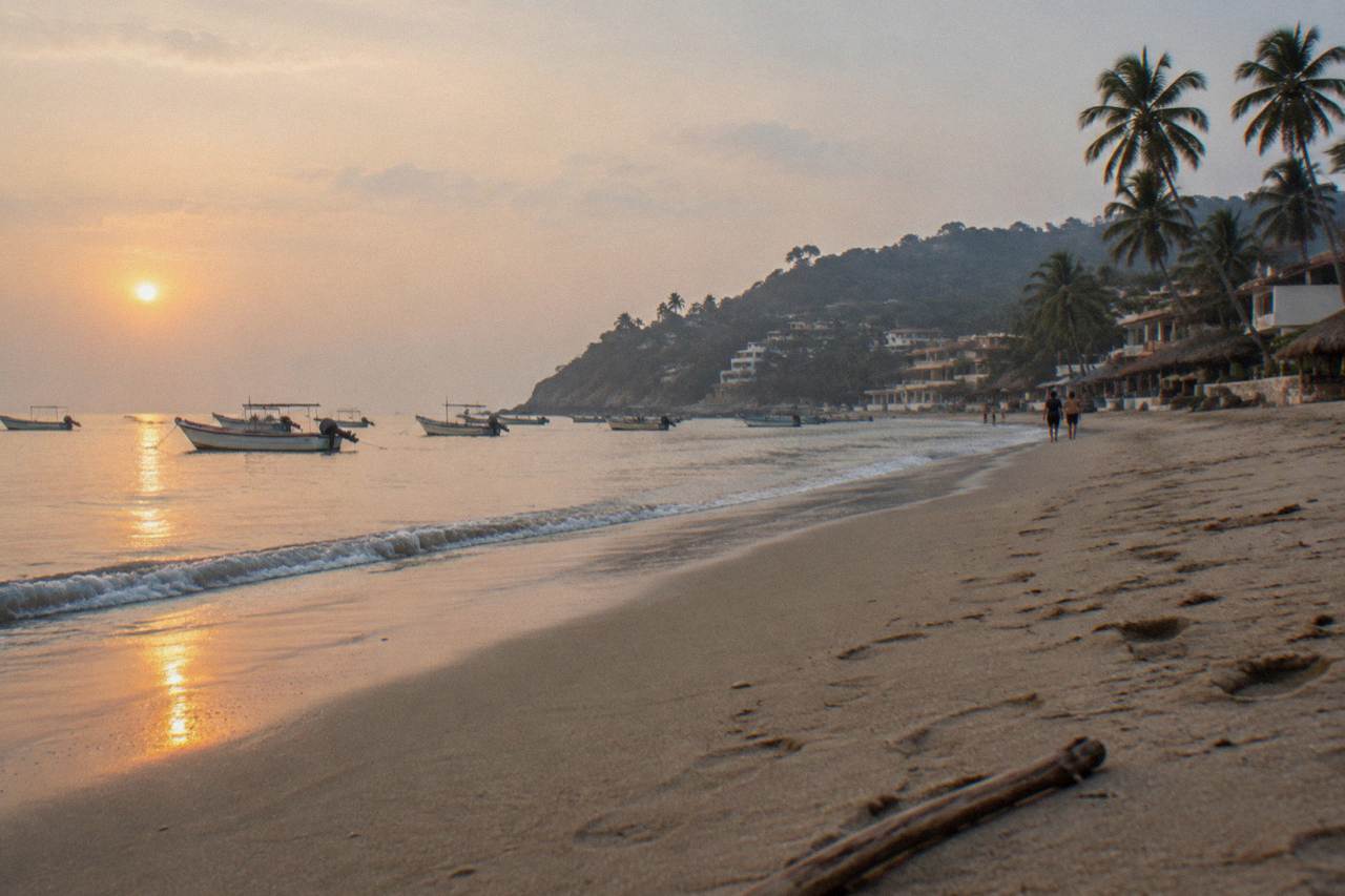 Fishing boats anchored in calm water off a palm-lined beach town on the north shore of Banderas Bay