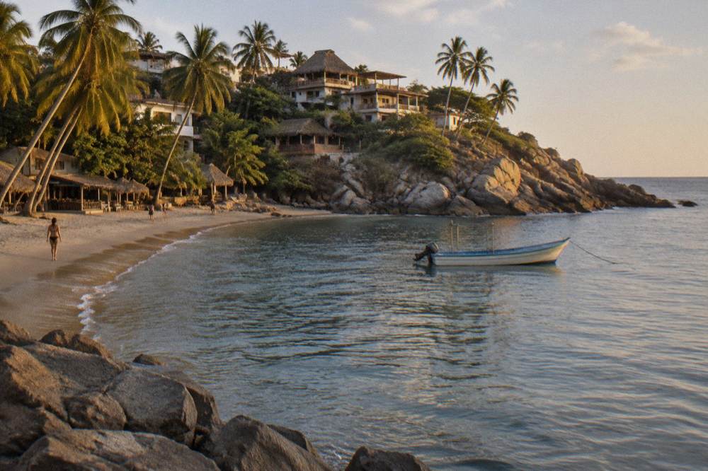 Small boat anchored beside a rocky point with palm trees on a sandy beach