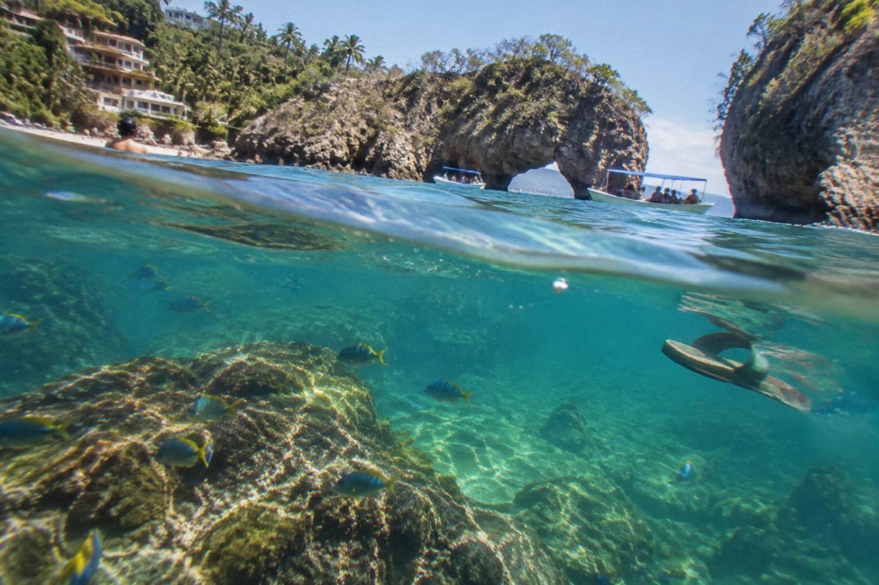 Clear turquoise water over a rocky reef with small tropical fish near the surface