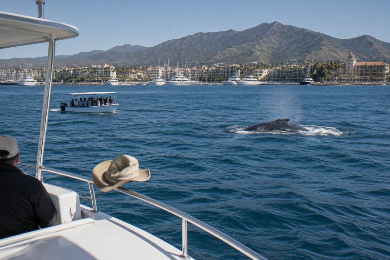 A small authorized whale watching boat holding a wide distance from a humpback whale surfacing in Banderas Bay