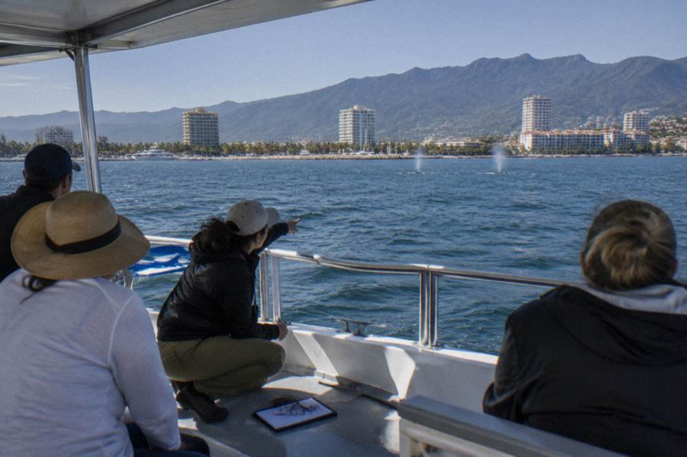 A marine biologist pointing toward open water while speaking to passengers on a boat